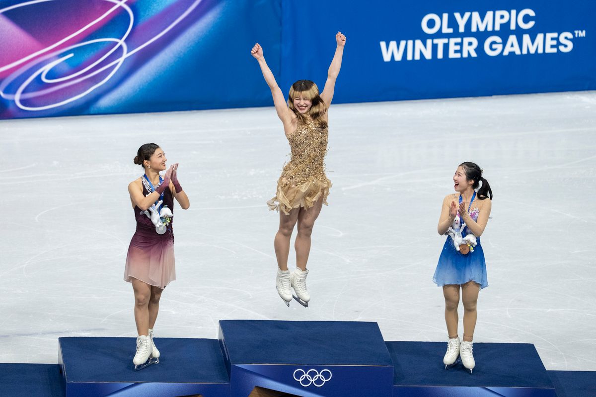 Gold medalist Alysa Liu of Team United States celebrates on the podium during the medal ceremony for the Women's Single Skating on day thirteen of the Milano Cortina 2026 Winter Olympic games at Milano Ice Skating Arena on February 19, 2026 in Milan, Italy. (Photo by Andrzej Iwanczuk/NurPhoto via Getty Images)