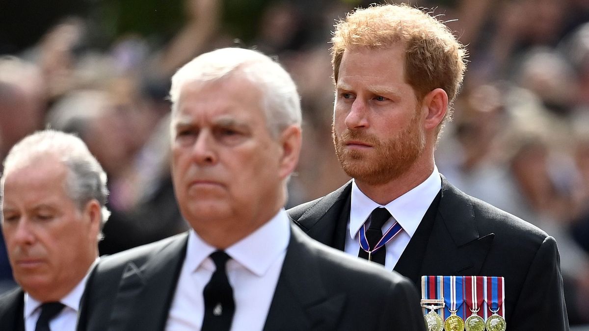 A képen András herceg és mögötte Harry herceg egy brit ünnepségen