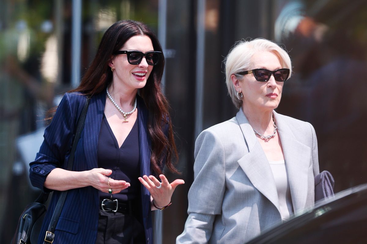 NEW YORK, NEW YORK - JULY 29: Meryl Streep and Anne Hathaway are seen on the set of "The Devil Wears Prada 2" in Hudson Yards on July 29, 2025 in New York City. (Photo by Aeon/GC Images)