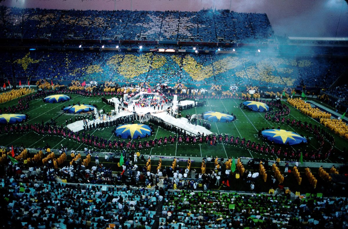 Halftime show at Super Bowl XXX at Sun Devil Stadium in Tempe, Az. The Dallas Cowboys defeated the Pittsburgh Steelers 27-17 on  January 28, 1996. (Photo by Kevin Reece/Getty Images) *** Local Caption ***