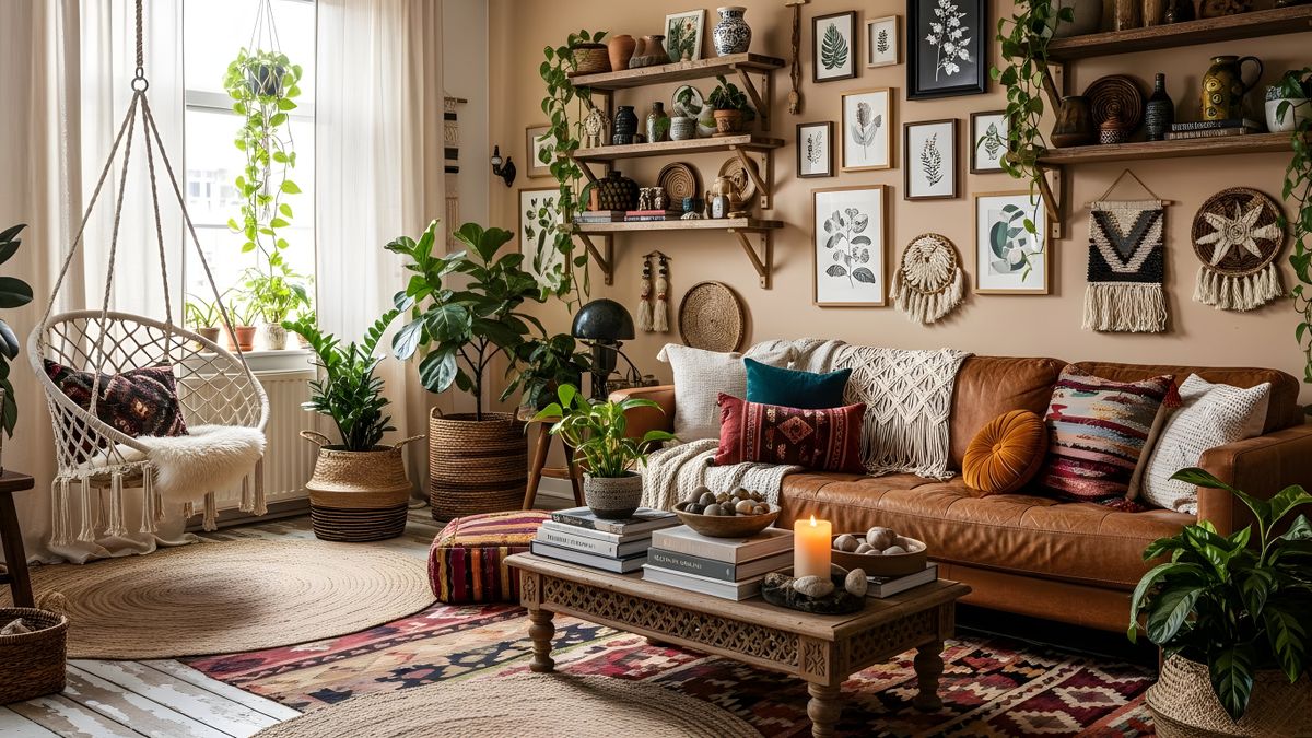 This image showcases a cozy and inviting bohemian-style living room. The room features a brown leather sofa adorned with colorful throw pillows. A wooden coffee table sits in front of the sofa, decorated with a candle and various items. The walls are decorated with an assortment of framed pictures and wall hangings. A hanging chair with a woven design is positioned near a window, allowing natural light to fill the space. The room is further enhanced with several potted plants and a large rug, creating a warm and welcoming atmosphere.
