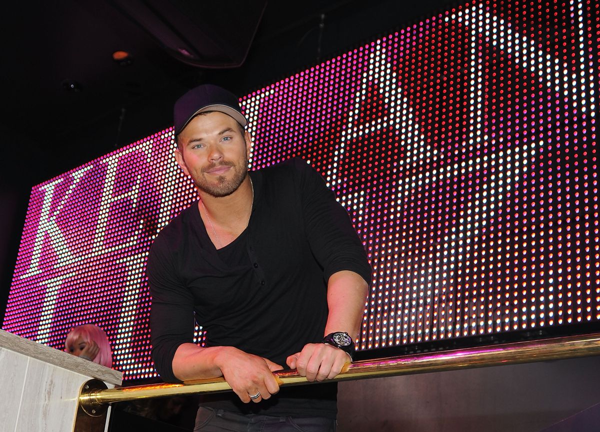 LAS VEGAS, NV - FEBRUARY 14: (EXCLUSIVE COVERAGE) Kellan Lutz celebrates the Dylan George & Abbot + Main Fall 2012 Collections at Chateau nightclub at Paris Las Vegas on February 14, 2012 in Las Vegas, Nevada. (Photo by Denise Truscello/WireImage)