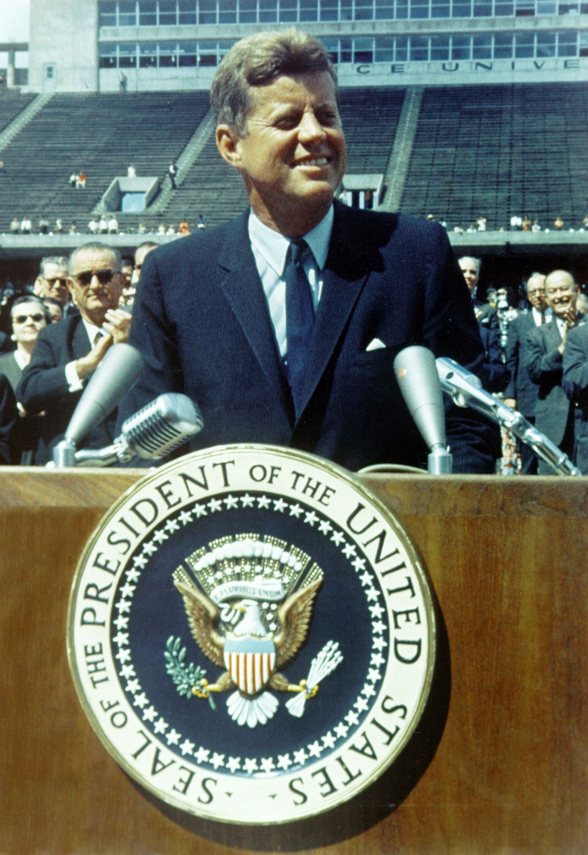 John F Kennedy, 35th President of the United States of America (1961-1963) spaking on travel to the Moon, Rice University Stadium 12 September 1962
World History Archive
John F Kennedy (1917-1963) (Photo by Ann Ronan Picture Library / Photo12 via AFP)