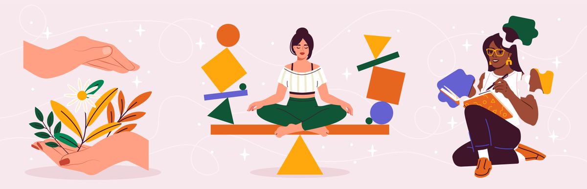 Mental resilience set. Hands with flowers, woman sitting in lotus position and read books. Psychological confidence and inner peace. Cartoon flat vector collection isolated on violet background