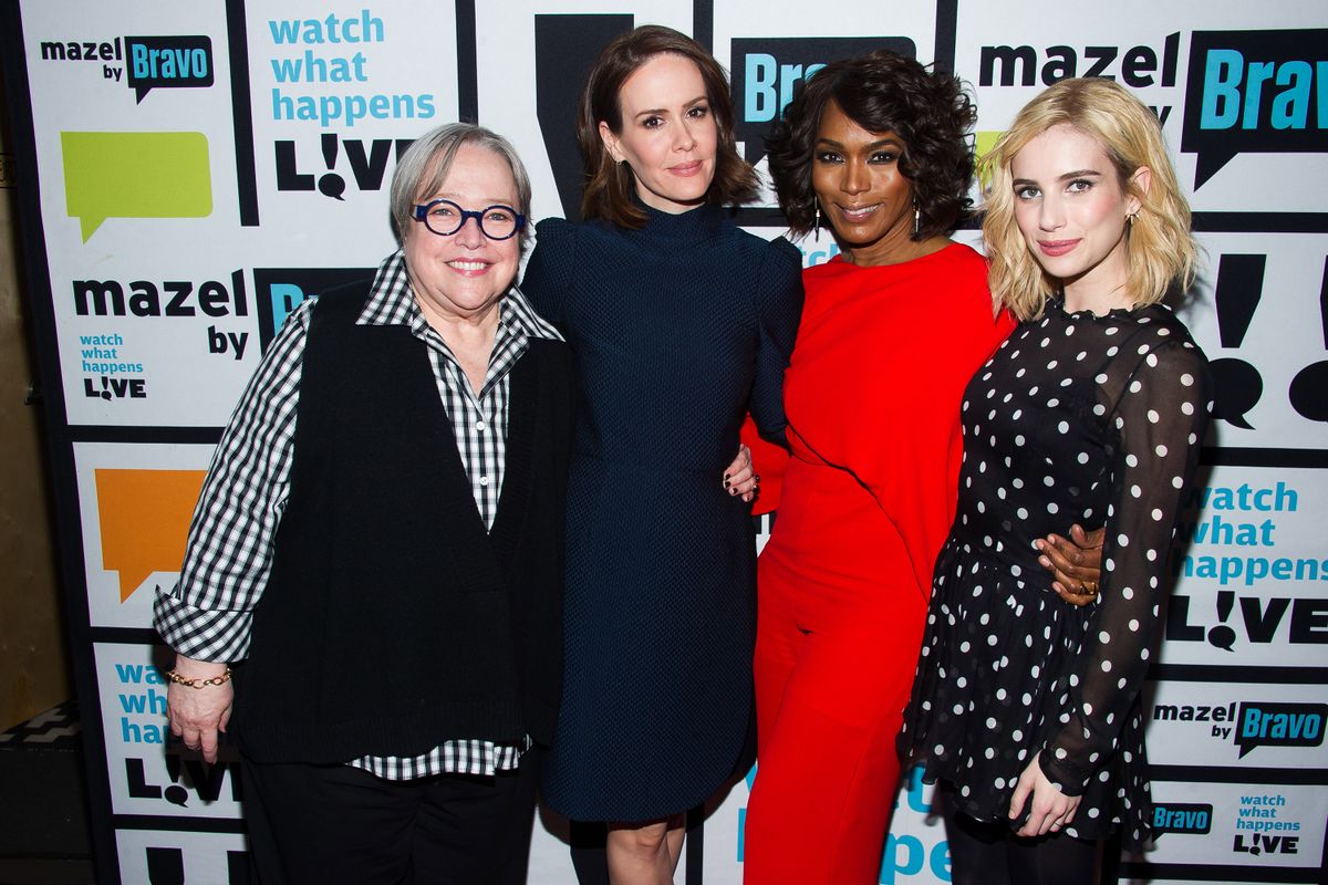 WATCH WHAT HAPPENS LIVE -- Pictured (l-r): Kathy Bates, Sarah Paulson, Angela Bassett and Emma Roberts -- (Photo by: Charles Sykes/Bravo/NBCU Photo Bank/NBCUniversal via Getty Images)