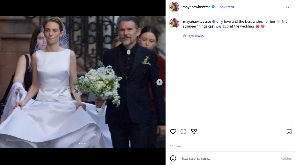 A képem menyasszonyi ruhában Maya Hawk, mellett az édesapja, Ethan Hawk