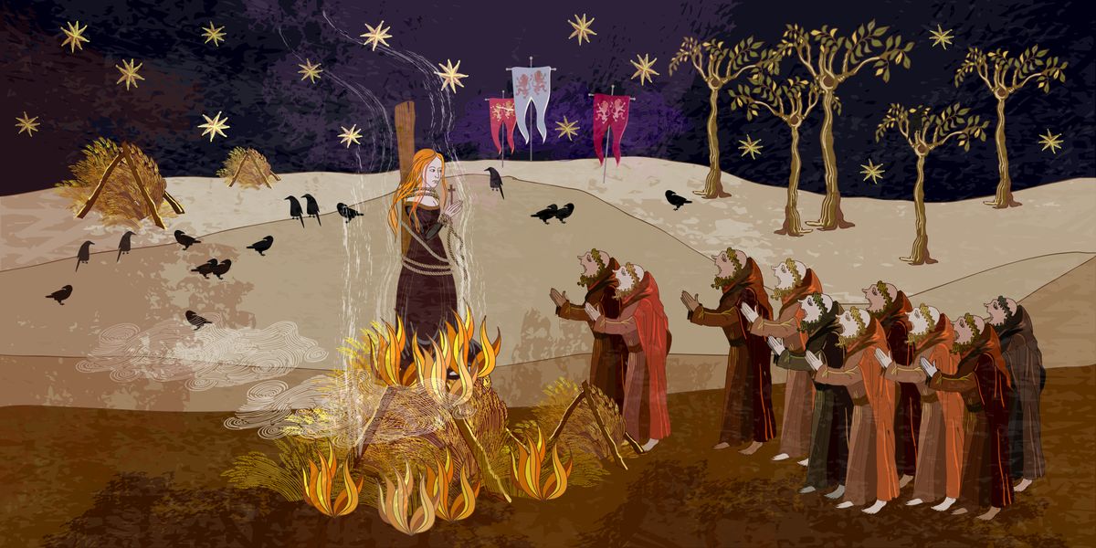 Boszorkányüldözés és máglyahalál: aki kilógot a sorból, az inkvizíció ldozata lett. Balra mágjára vetett nő egy póznára kötözve, jobbra papok. Boszorkányüldözés: aki kilógot a sorból, az inkvizíció áldozata lett.