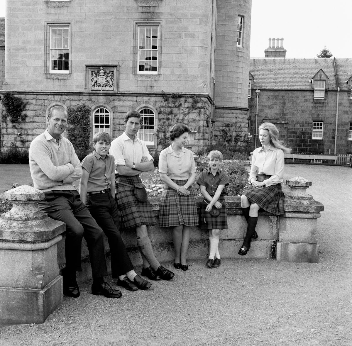 HM The Queen, HRH The Duke of Edinburgh, HRH The Prince of Wales, HRH The Prince Andrew, HRH The Prince Edward and HRH The Princess Anne in front of Balmoral Castle, Scotland during the Royal Family's annual summer holiday in August 1972.  Part of a series of photographs taken for use during the Silver Wedding Celebrations in 1972.  (Photo by Lichfield Archive via Getty Images).