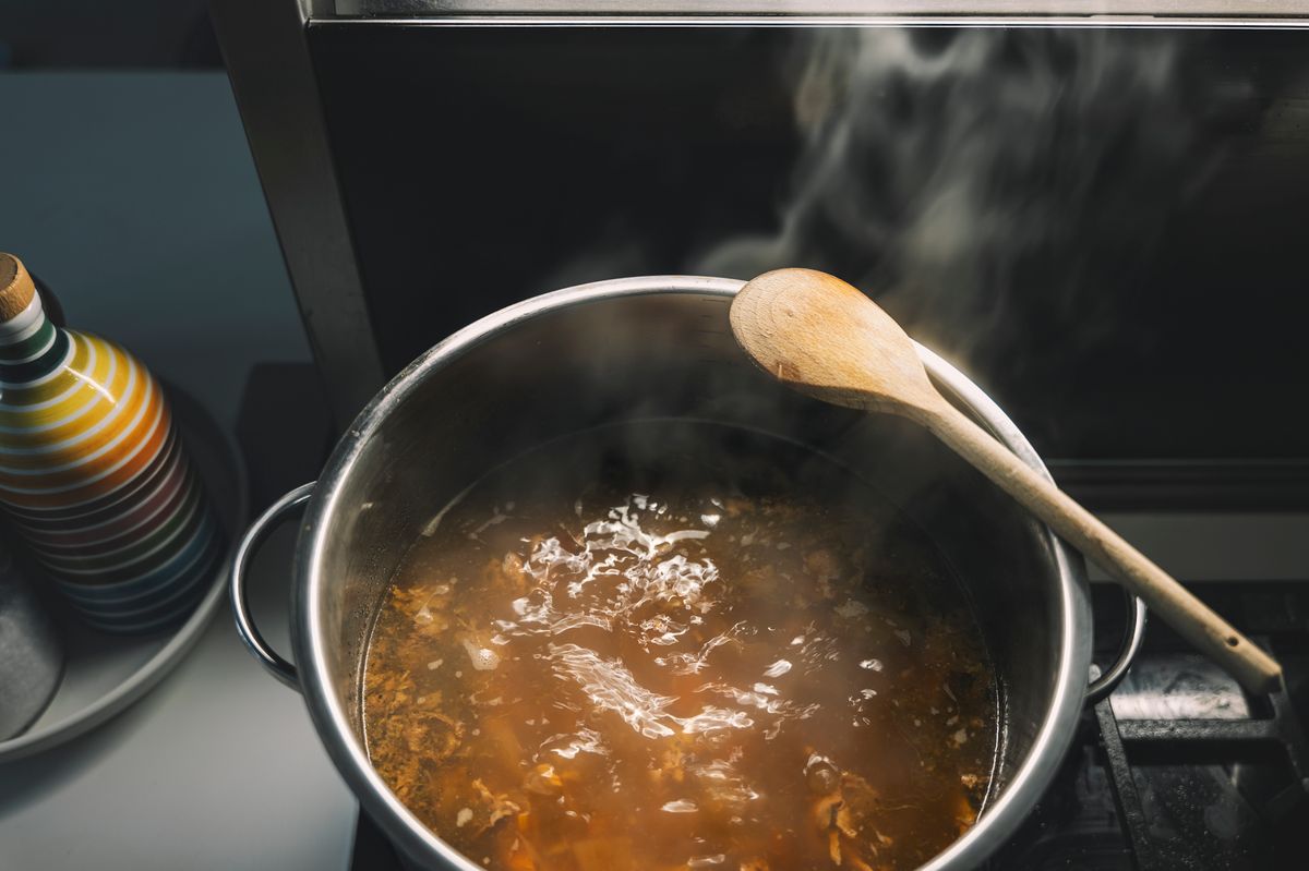 The chicken stock has been simmering for 24 hours