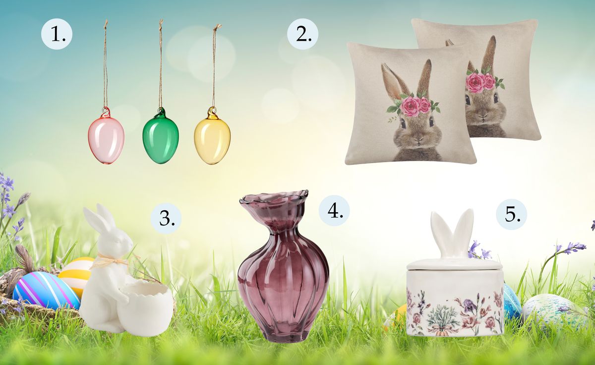 1. Ikea TJÄRLEK
Függődísz, üveg/tojás vegyes színek
2 290Ft/3 darab
2. Beliani 2 db díszpárna TULIPA 45 x 45 cm Tópszín 11 430 Ft
3. Butlers HOME & YOU
kerámia nyuszi 36cm
7 450 Ft
4. Jysk VILMER
Váza VILMER ÁTM19xMA30 cm padlizsán
7000 Ft
5.  Answear Medicine porcelán sefőttesüveg tároláshoz
Medicine 7490 Ft