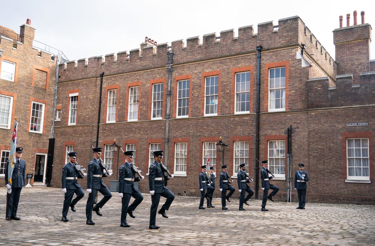 LONDON, ENGLAND - FEBRUARY 01: The Queens Colour Squadron, who feature in the Guinness Book of Records having completed over 2,700,000 foot and rifle drill movements in 23 hours and 55 minutes, give an eight person Continuity Drill Display at St James's Palace, as part commemorations for the 80th anniversary of the formation of the Royal Air Force Regiment on February 1, 2022 in London, England. (Photo by Dominic Lipinski - WPA Pool/Getty Images)