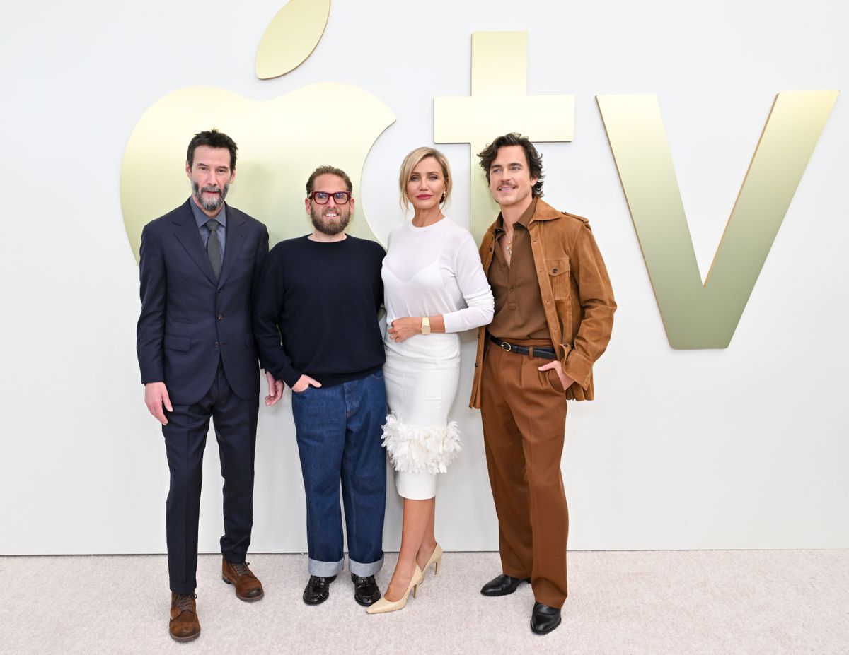 Keanu Reeves, Jonah Hill, Cameron Diaz és Matt Bomer az Apple TV által szervezett Outcome cilmhez kapcsolódó sajtóeseményen. 