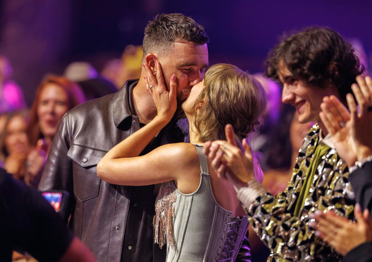 Taylor Swift and Travis Kelce at the 2026 iHeartRadio Music Awards held at Dolby Theatre on March 26, 2026 in Los Angeles, California. (Photo by Christopher Polk/Billboard via Getty Images)