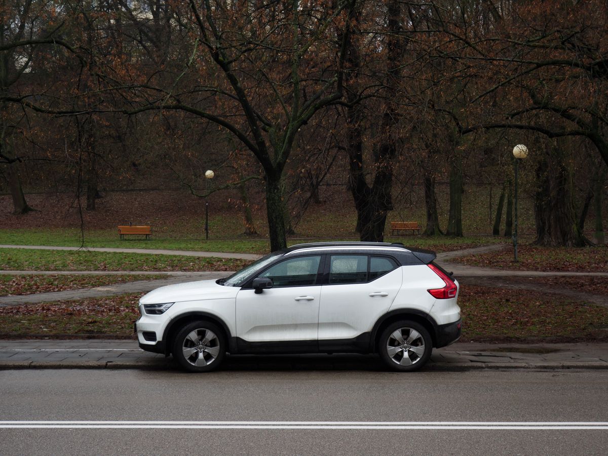 White car, crossover, small SUV type, parked in the street, autumn park background