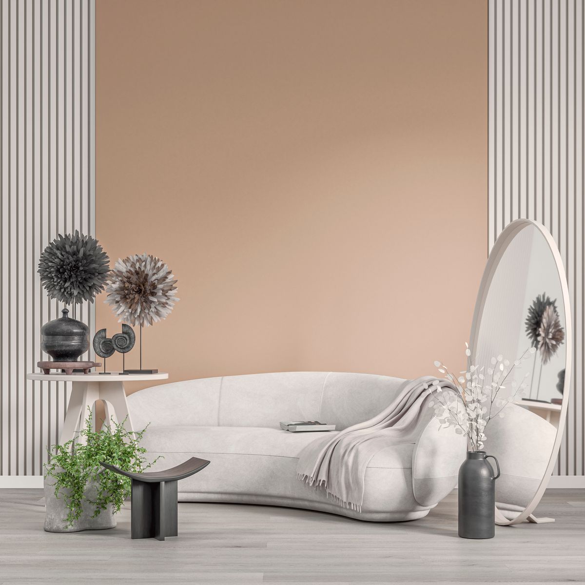 Front view of a cozy, elegant, and modern living room with a round shaped white velvet sofa, tables, an elliptical mirror with decoration (a blanket, a book, sculptures, dried plants, vases, pots, potted plants) in front of a half plaster blush (peach) pink wall background, half natural white wood panelled wall with copy space. A slight vintage effect was added. 3D rendered image.