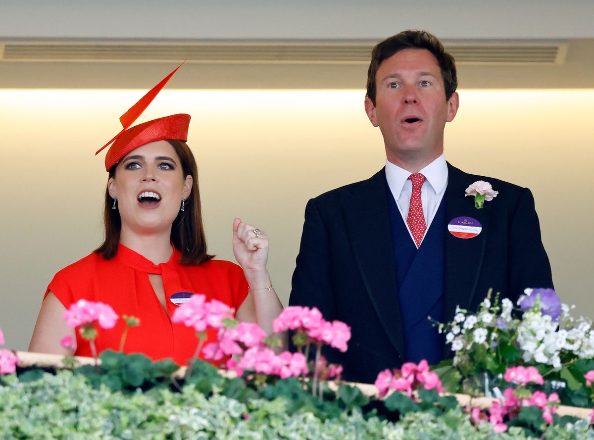 ASCOT, UNITED KINGDOM - JUNE 21: (EMBARGOED FOR PUBLICATION IN UK NEWSPAPERS UNTIL 24 HOURS AFTER CREATE DATE AND TIME) Princess Eugenie and Jack Brooksbank watch the racing from the Royal Box as they attend day five of Royal Ascot at Ascot Racecourse on June 21, 2025 in Ascot, England. (Photo by Max Mumby/Indigo/Getty Images)