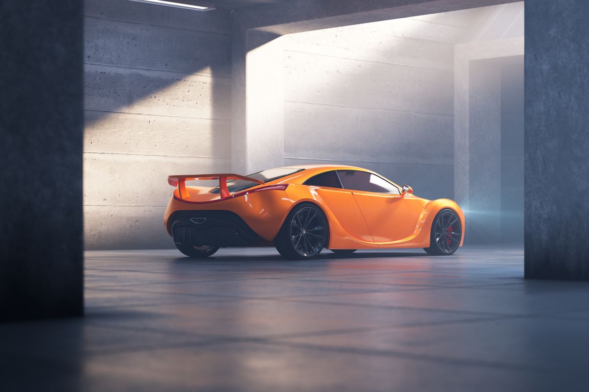A modern yellow sports car stands in an empty underground garage, illuminated by natural light streaming from the ceiling. The concrete interior and columns create a sleek and minimalist backdrop.