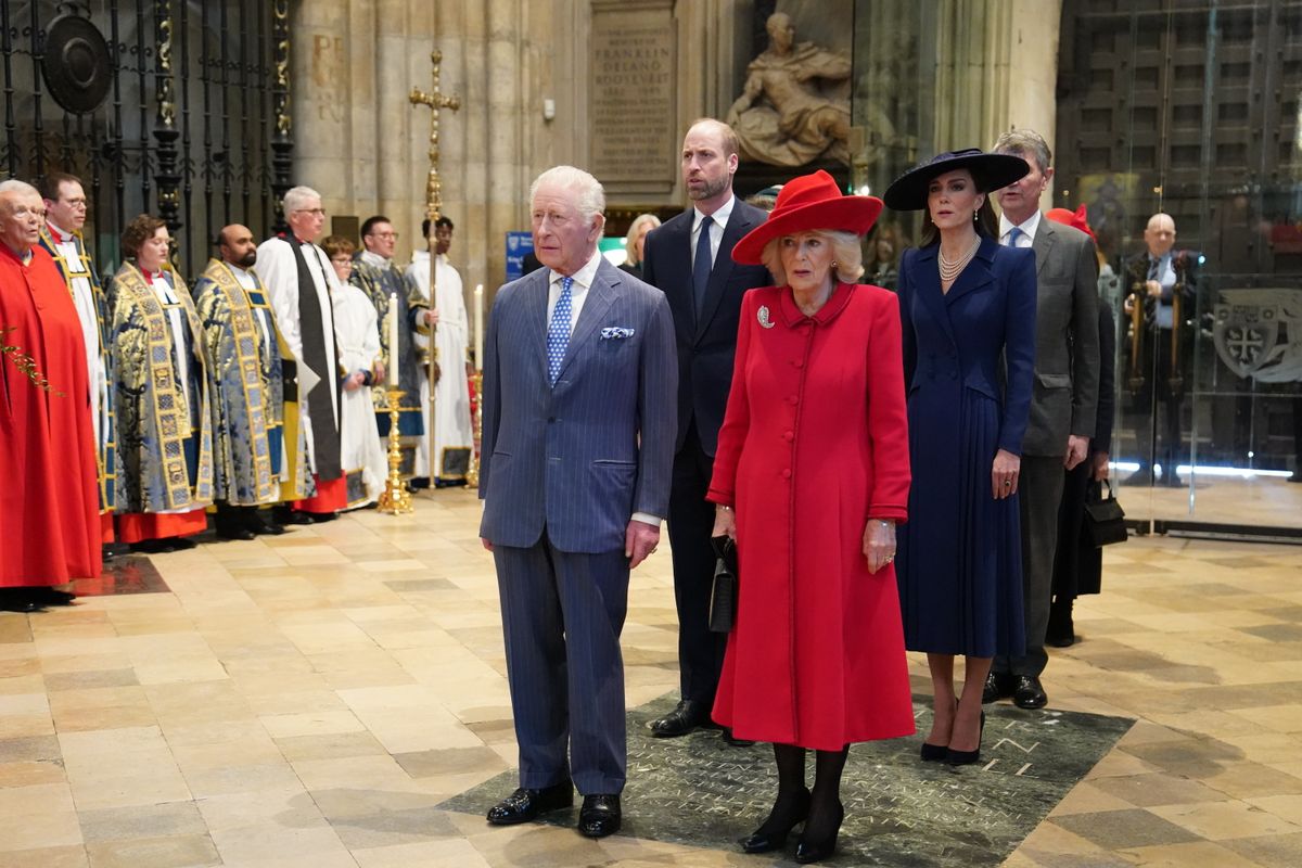 LONDON, ENGLAND - MARCH 9: (L-R) King Charles III, Prince William, Prince of Wales, Queen Camilla and Catherine, Princess of Wales attend the 2026 Commonwealth Day Service at Westminster Abbey on March 9, 2026 in London, England. (Photo by Arthur Edwards - WPA Pool/Getty Images)