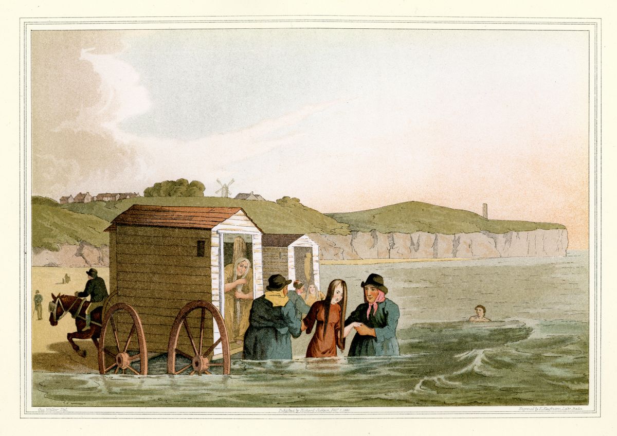 Vintage colour engraving of people bathing in the sea at Bridlington Bay. Yorkshire, England. The Costume of Yorkshire by George Walker. 1815