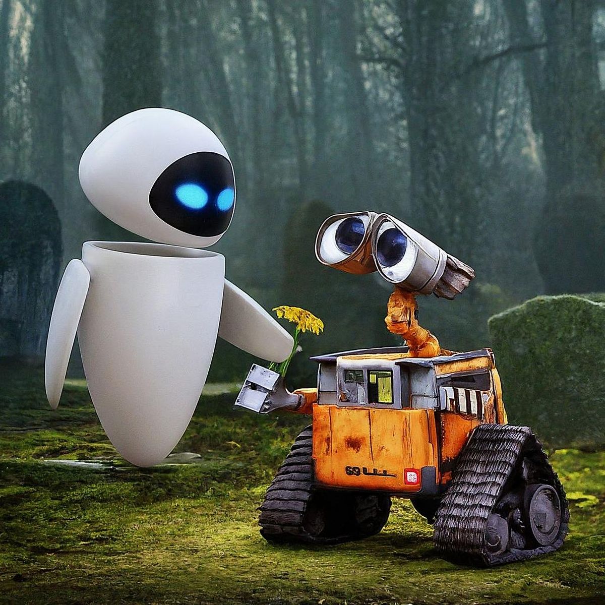 Disney's Wall-E giving Eve a flower in a dark forest with gravestones in the background