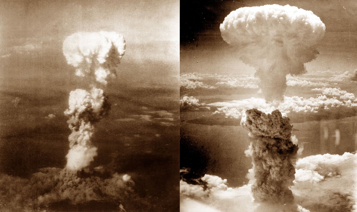 World War II, Atomic bomb mushroom clouds over Hiroshima (left) and Nagasaki (right), August 1945, Japan. (Photo by: Universal History Archive/Universal Images Group via Getty Images)