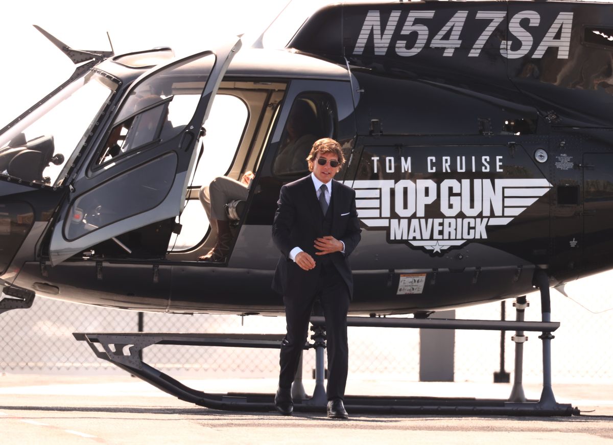 Tom Cruise arrives by helicopter at the premiere of 'Top Gun: Maverick' held at USS Midway on May 4th, 2022 in San Diego, California. (Photo by Chris Polk/Variety/Penske Media via Getty Images)