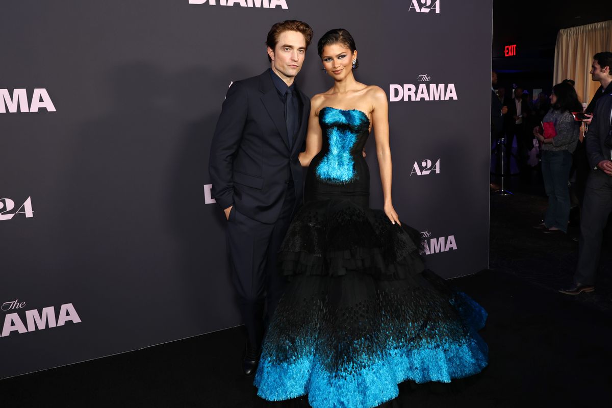 NEW YORK, NEW YORK - APRIL 02: Robert Pattinson and Zendaya attend the premiere of A24's "The Drama" at Regal Union Square on April 02, 2026 in New York City.  (Photo by Cindy Ord/WireImage)