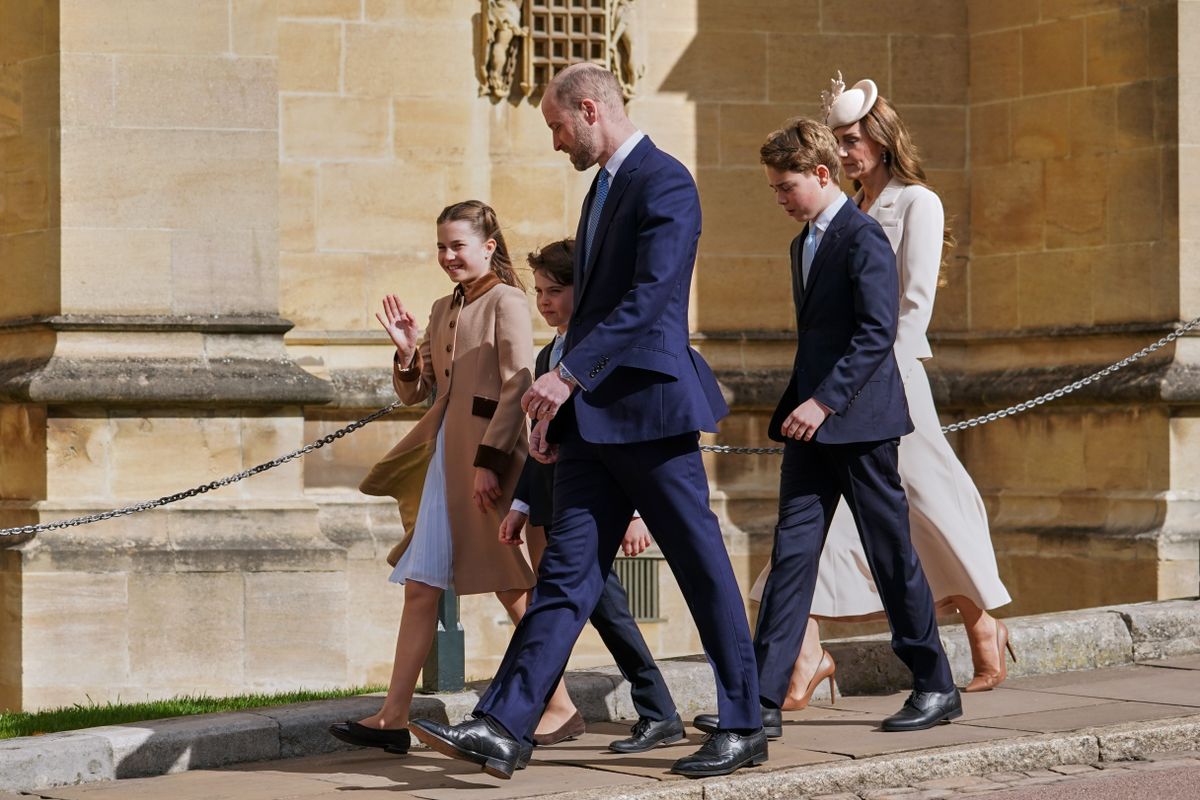 WINDSOR, ENGLAND - APRIL 5: (L-R) Princess Charlotte, Prince Louis, Prince William, Prince of Wales, Prince George and Catherine, Princess of Wales, arrive to attend the 2026 Easter Matins Service at St George's Chapel on April 5, 2026 in Windsor, England. (Photo by Alberto Pezzali - WPA Pool/Getty Images)