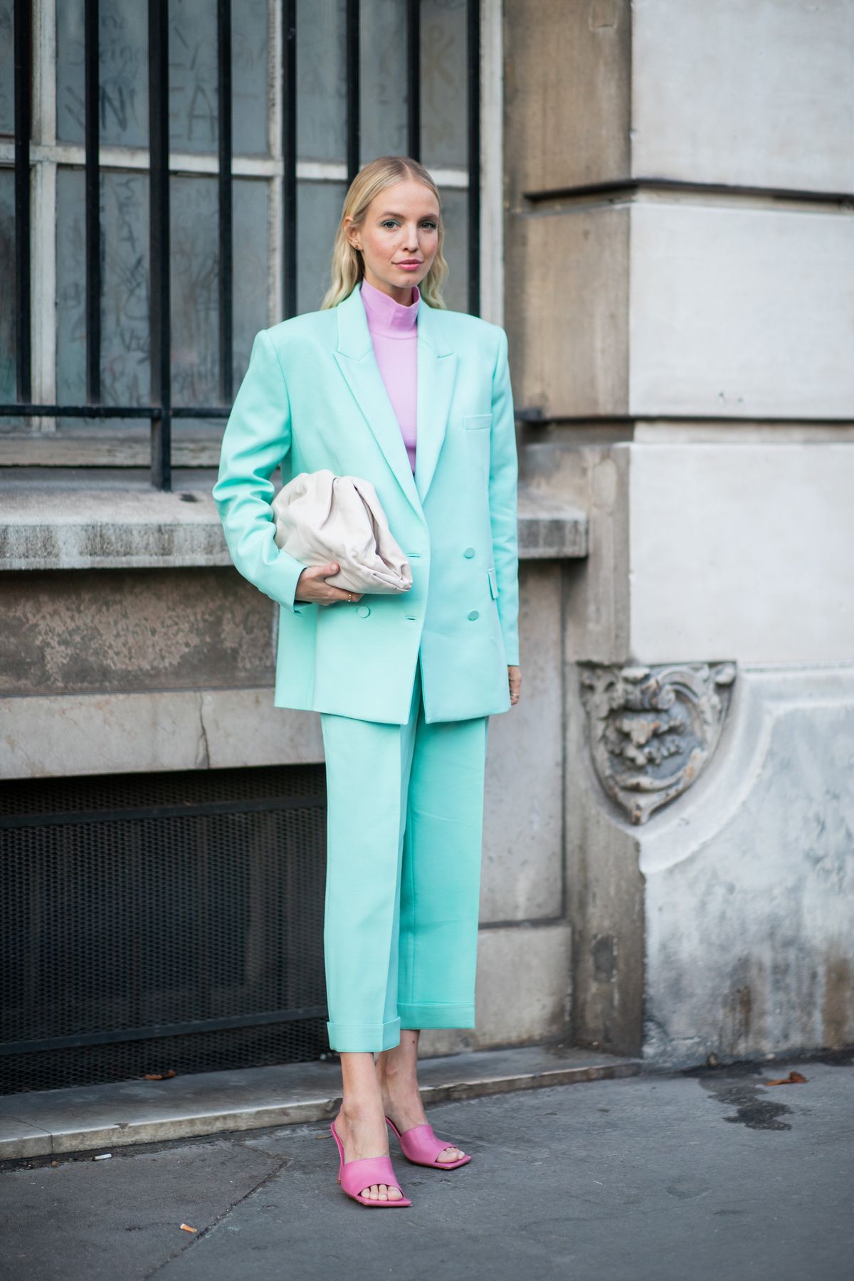 PARIS, FRANCE - JANUARY 20: Leonie Hanne seen wearing turqouis suit, creme white Bottega Venta bag outside Ralph & Russo during Paris Fashion Week - Haute Couture Spring/Summer 2 020 on January 20, 2020 in Paris, France. (Photo by Christian Vierig/Getty Images )