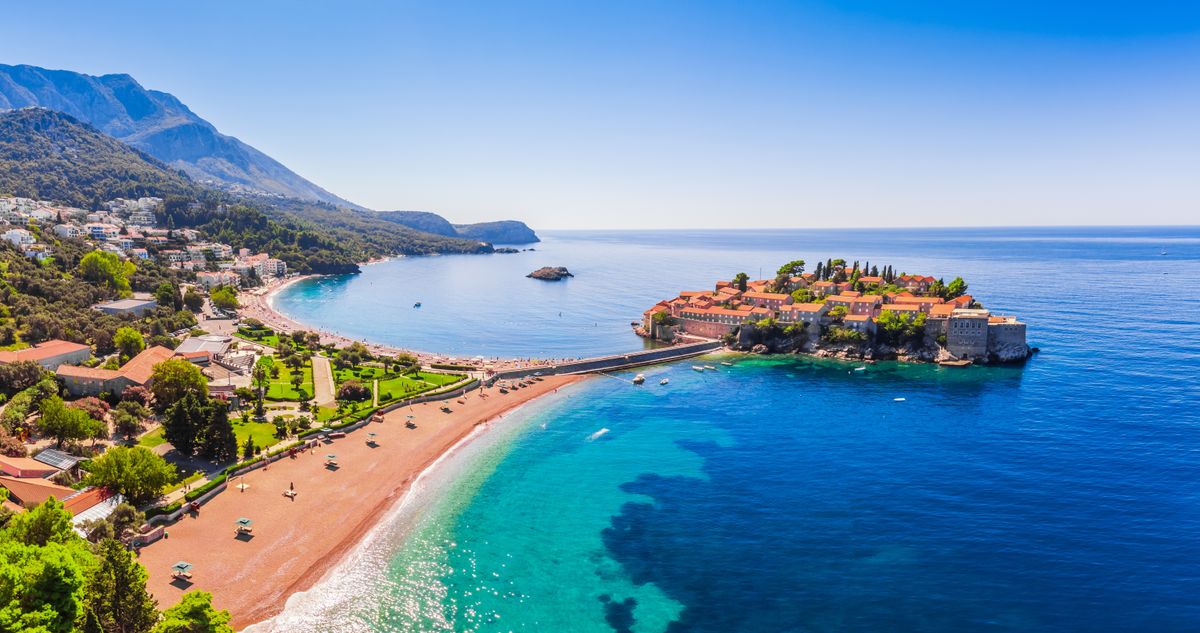 Sveti Stefan town. Summer beach travel in Budva, Montenegro, Europe