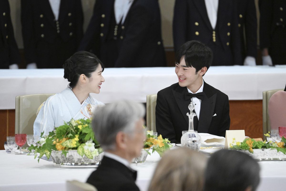 Japanese Princess Aiko, daughter of Emperor Naruhito and Empress Masako, and Prince Hisahito, the emperor's nephew, attend a state banquet for Philippine President Ferdinand Marcos Jr. and his wife Louise Araneta-Marcos at the Imperial Palace in Tokyo on May 27, 2026. (Pool photo) (Photo by Kyodo News via Getty Images)