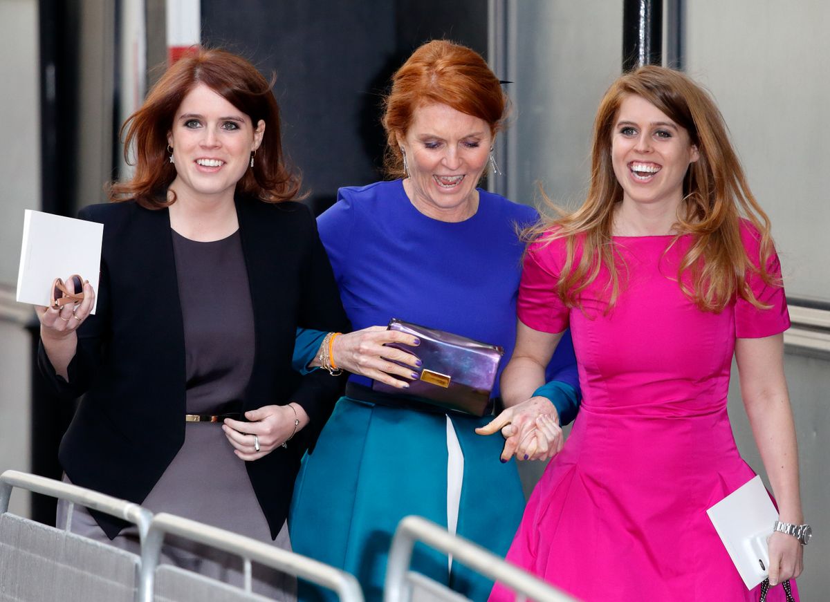 LONDON, UNITED KINGDOM - MAY 14: (EMBARGOED FOR PUBLICATION IN UK NEWSPAPERS UNTIL 24 HOURS AFTER CREATE DATE AND TIME) Princess Eugenie, Sarah Ferguson, Duchess of York and Princess Beatrice attend the wedding of Petra Palumbo and Simon Fraser, Lord Lovat at St Stephen Walbrook church on May 14, 2016 in London, England. (Photo by Max Mumby/Indigo/Getty Images)