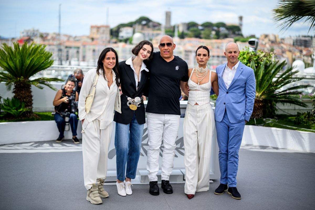 CANNES, FRANCE - MAY 13: (L-R) Michelle Rodriguez, Meadow Walker, Vin Diesel, Jordana Brewster and Neal H. Moritz pose during "The Fast And The Furious" photocall at the 79th annual Cannes Film Festival at Palais des Festivals on May 13, 2026 in Cannes, France. (Photo by Lionel Hahn/Getty Images)