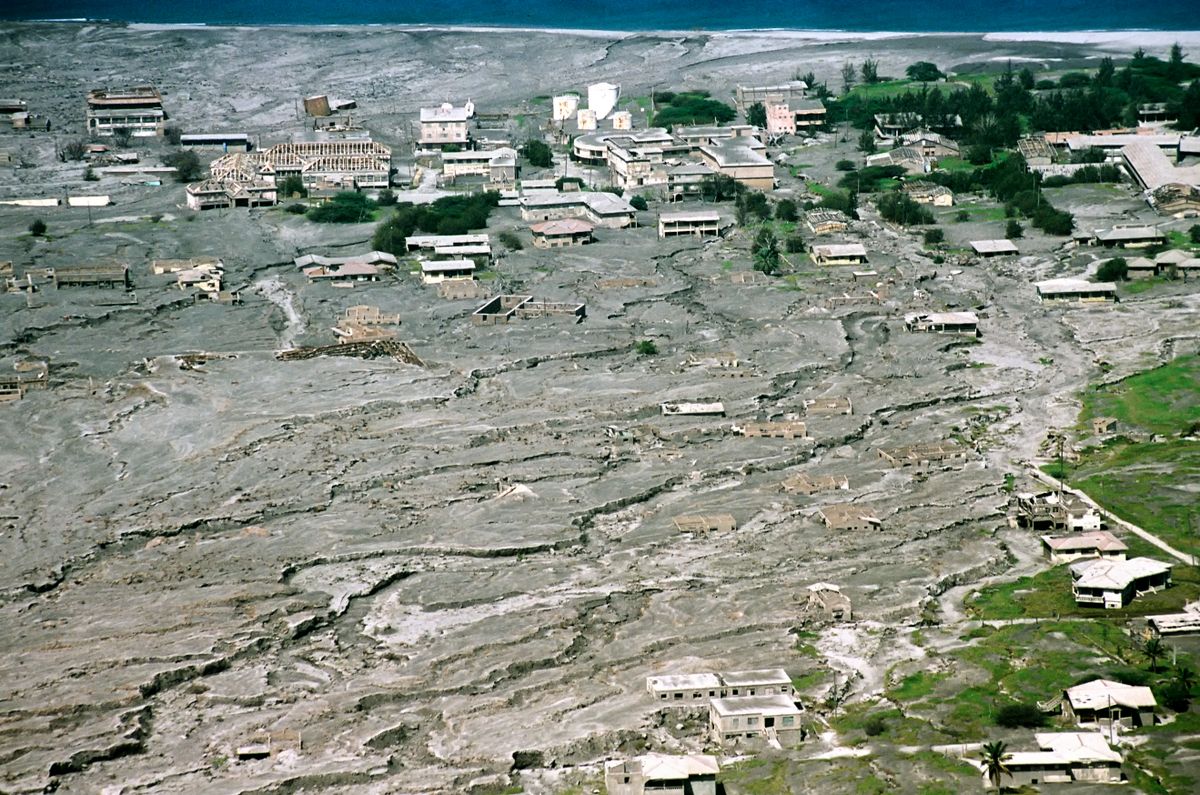 High view of destruction of Montserrat's capital of Plymouth by pyroclastic flows and lahars from the Souffriere Hills volcano