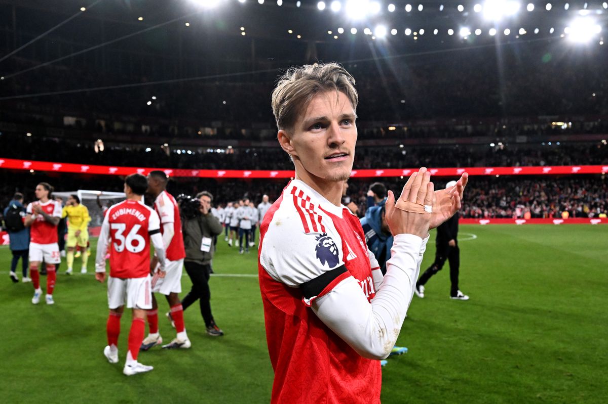 LONDON, ENGLAND - MAY 18: Martin Odegaard of Arsenal applauds the fans after the team's victory in the Premier League match between Arsenal and Burnley at Emirates Stadium on May 18, 2026 in London, England. (Photo by Stuart MacFarlane/Arsenal FC via Getty Images)