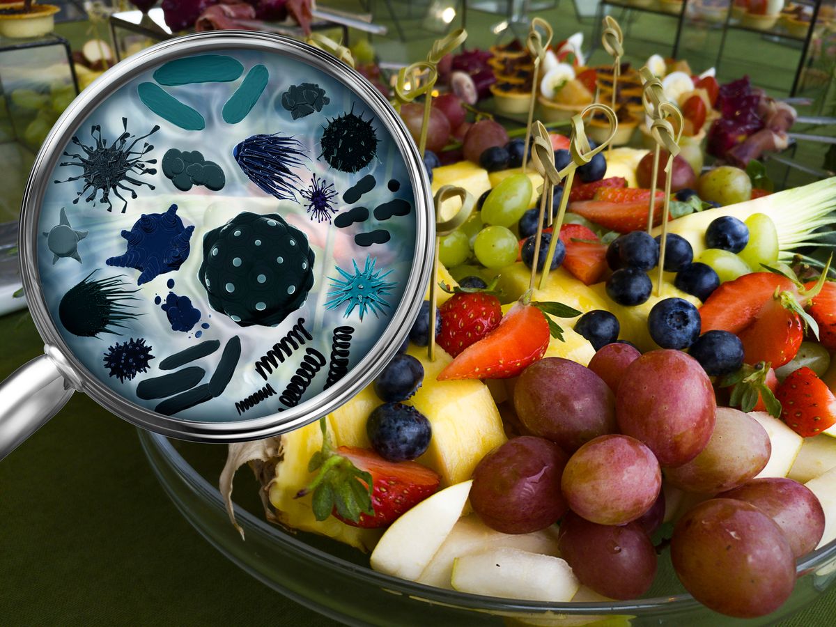 Catering. Magnifying lens with simulated germs, viruses, bacteria, food allergy concept. Set of canapes on buffet table.