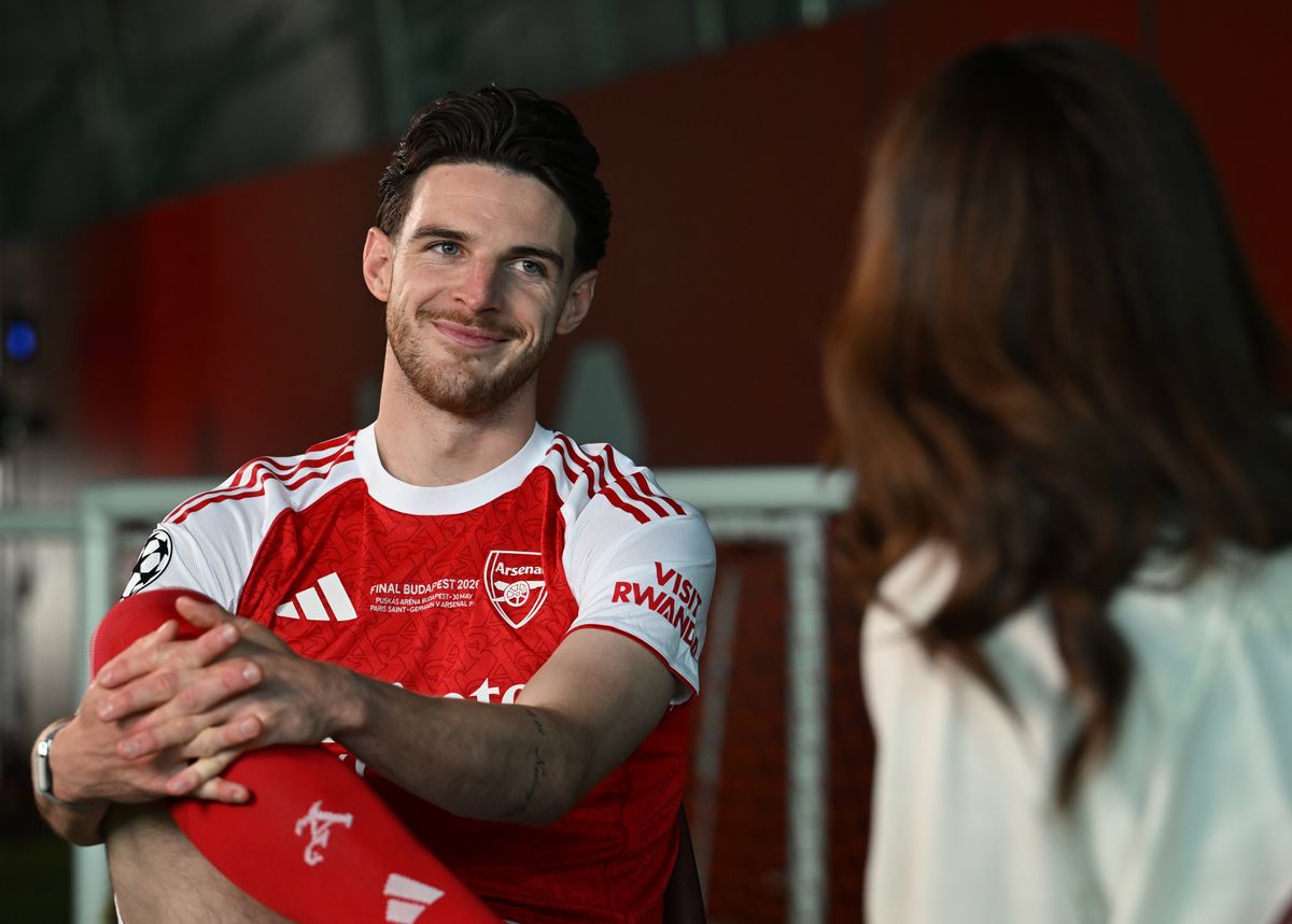 LONDON COLNEY, ENGLAND - MAY 21: Declan Rice of Arsenal during the Arsenal UEFA Media day at Sobha Realty Training Centre on May 21, 2026 in London Colney, England.  (Photo by David Price/Arsenal FC via Getty Images)