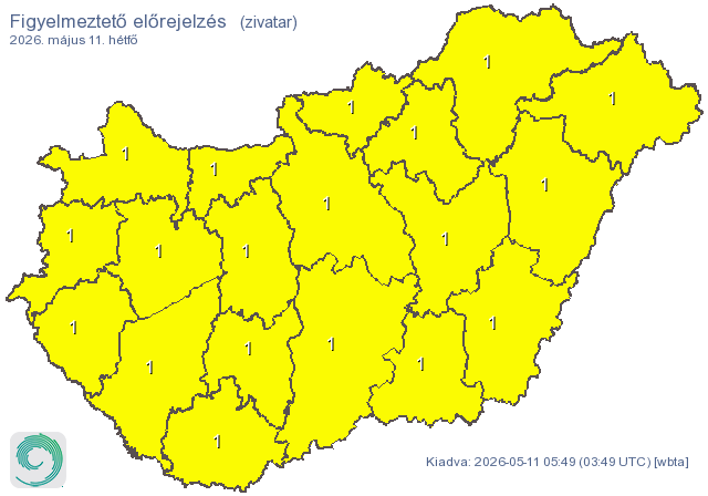 Az ország teljes területére elsőfokú, citromsárga riasztást adtak ki hétfőre a várható viharok miatt.
