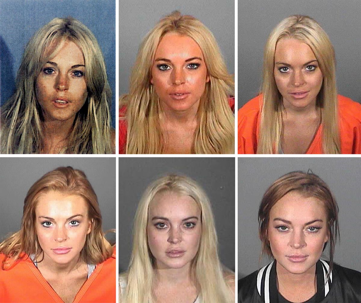 LOS ANGELES - MAY 02: This composite image compares the six booking photos of actress Lindsay Lohan. ***TOP LEFT PHOTO*** SANTA MONICA, CA - JULY 24: In this handout photo provided by the Santa Monica Police Department, Lindsay Lohan appears in a booking photo on July 24, 2007 in Santa Monica, California. (Photo by Santa Monica Police Department via Getty Images) ***TOP CENTER PHOTO*** LOS ANGELES - NOVEMBER 15: In this handout photo provided by the Los Angeles County Sheriff's Department, actress Lindsay Lohan poses for a booking photo after being arrested on DUI charges at Lynwood jail on November 15, 2007 in Los Angeles, California. (Photo by Los Angeles County Sheriff's Department via Getty Images) ***TOP RIGHT PHOTO*** LYNWOOD, CA - JULY 20: In this booking photo provided by the Los Angeles County Sheriff's Department, Lindsay Lohan is seen at the Lynwood Correctional Facility on July 20, 2010 in Lynwood, California. (Photo by Los Angeles County Sheriff's Department via Getty Images) ***BOTTOM LEFT PHOTO*** LYNWOOD, CA - SEPTEMBER 24: In this booking photo provided by the Los Angeles County Sheriff's Department, Lindsay Lohan is seen at the Lynwood Correctional Facility on September 24, 2010 in Lynwood, California. (Photo by Los Angeles County Sheriff's Department via Getty Images) ***BOTTOM CENTER PHOTO*** LOS ANGELES, CA - OCTOBER 19: In this booking photo provided by the Los Angeles County Sheriff's Department, Lindsay Lohan is seen in a mug shot October 19, 2011 in Los Angeles, California. (Photo by Los Angeles County Sheriff's Department via Getty Images) ***BOTTOM RIGHT PHOTO*** SANTA MONICA, CA - MARCH 19: In this booking photo provided by the Santa Monica Police Department, actress Lindsay Lohan is seen at the Santa Monica Police Station on March 19, 2013 in Santa Monica, California. (Photo by Santa Monica Police Department via Getty Images)