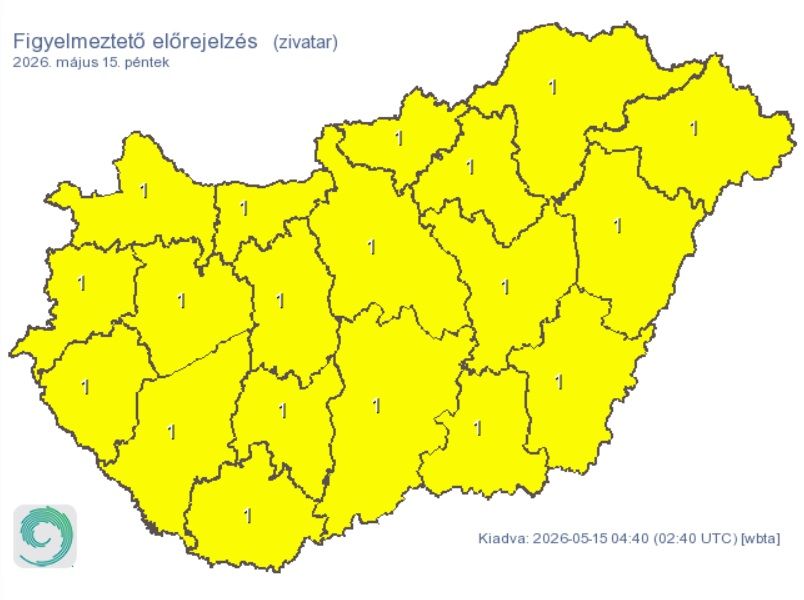 Péntekre citromsárga figyelmeztetést adtak ki az ország teljes területére a várható zivatarok miatt