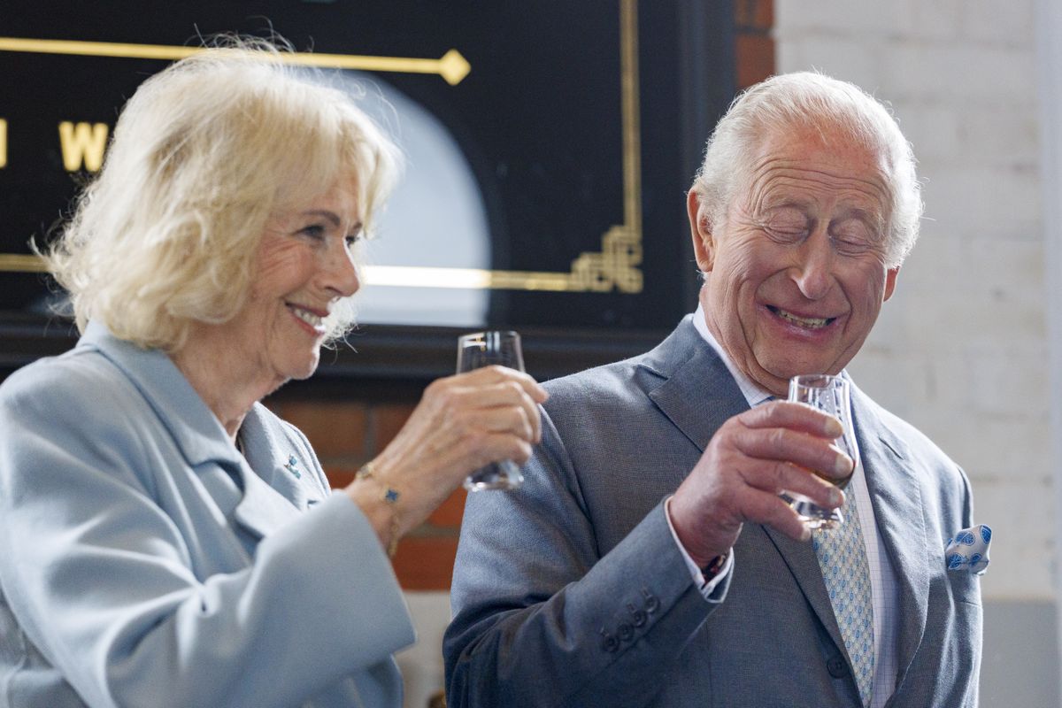 King Charles III and Queen Camilla sample five-year-old Pot Still Titanic whiskey with a PX finish during a visit to Titanic Distillers, housed within the restored Edwardian pumphouse that once served the adjoining dry dock, in Belfast, on day one of the royal visit to Northern Ireland. Picture date: Tuesday May 19, 2026. (Photo by Liam McBurney/PA Images via Getty Images)