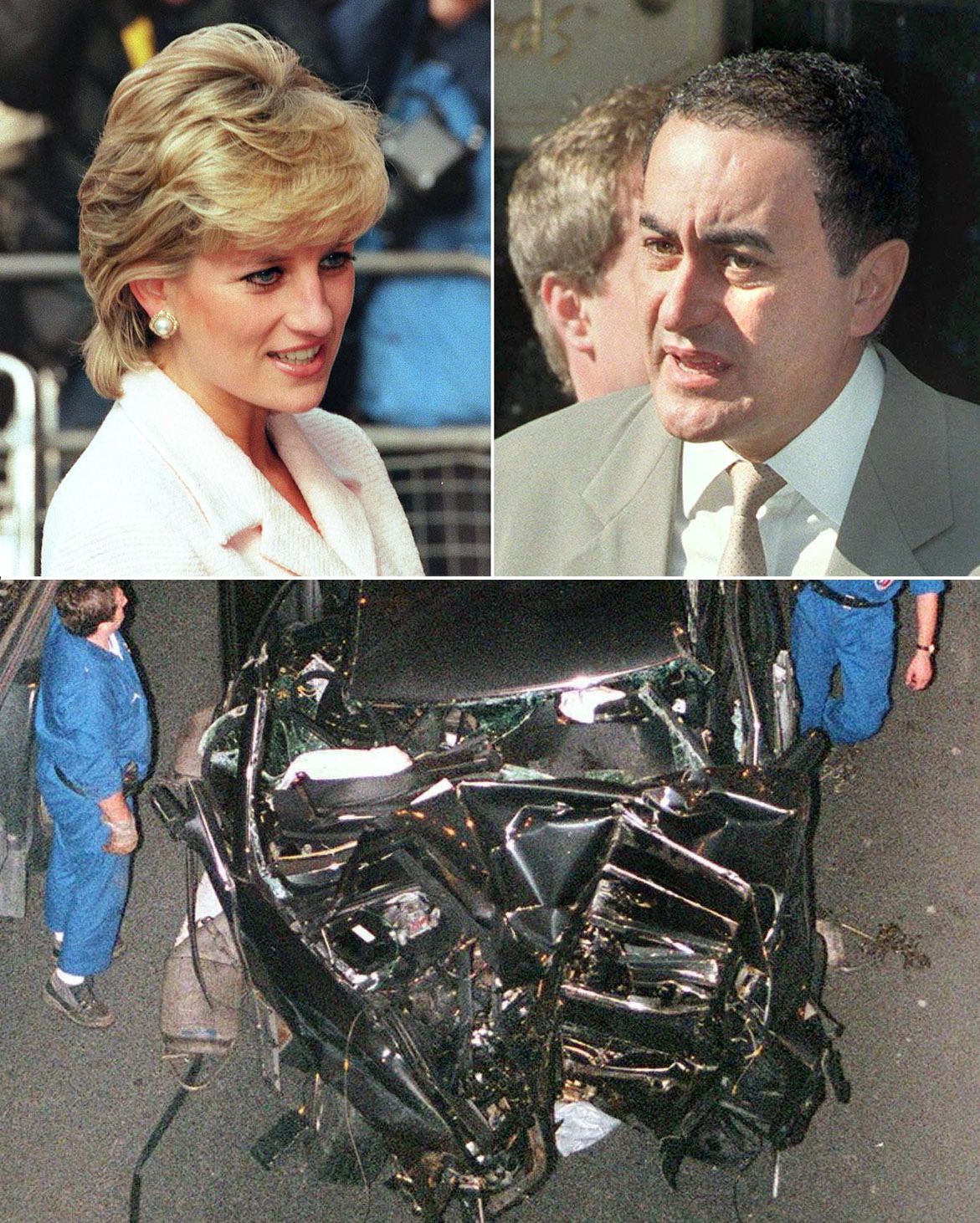 This combo picture takenshows Princess Diana (L) and Dodi al Fayed (R) and a 31 August 1997 picture of the wreckage of the car in which Diana and al Fayed died in a road accident 31 August in Alma tunnel in Paris. Almost nine years after her death, speculation continues that Princess of Wales was not killed as the result of a straight forward car accident as fresh witnesses and evidence have been found and announced 31 May 2006 as part of a probe into the car crash that killed the couple. AFP PHOTO (Photo by AFP)