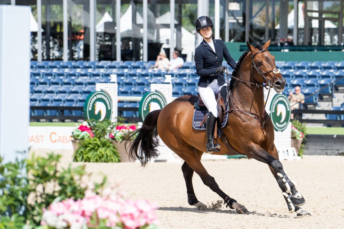 WELLINGTON, FL - FEBRUARY 09: Jennifer Gates during the Winter Equestrian Festivals $73,000 FEI CaptiveOne Advisors1.50m Classic at The Palm Beach International Equestrian Center in Wellington, Florida. (Photo by Aaron Gilbert/Icon Sportswire via Getty Images)