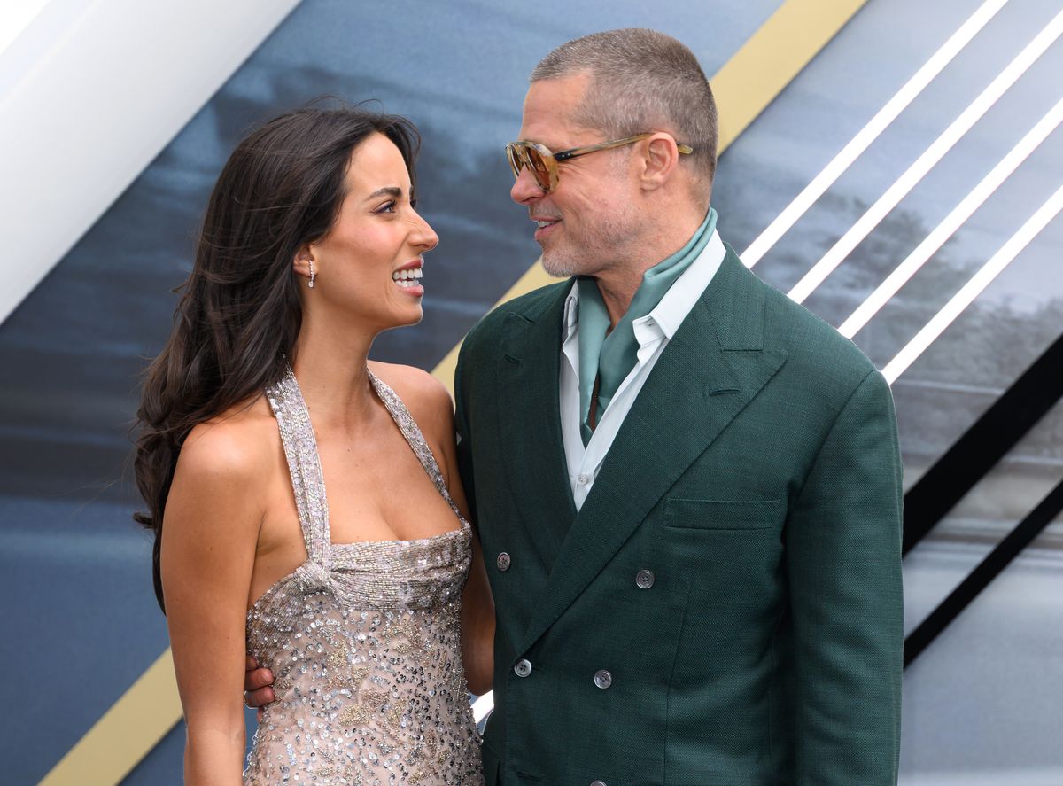 LONDON, ENGLAND - JUNE 23: Ines de Ramon and Brad Pitt attend the "F1: The Movie" European Premiere at Cineworld Leicester Square on June 23, 2025 in London, England. (Photo by Karwai Tang/WireImage)