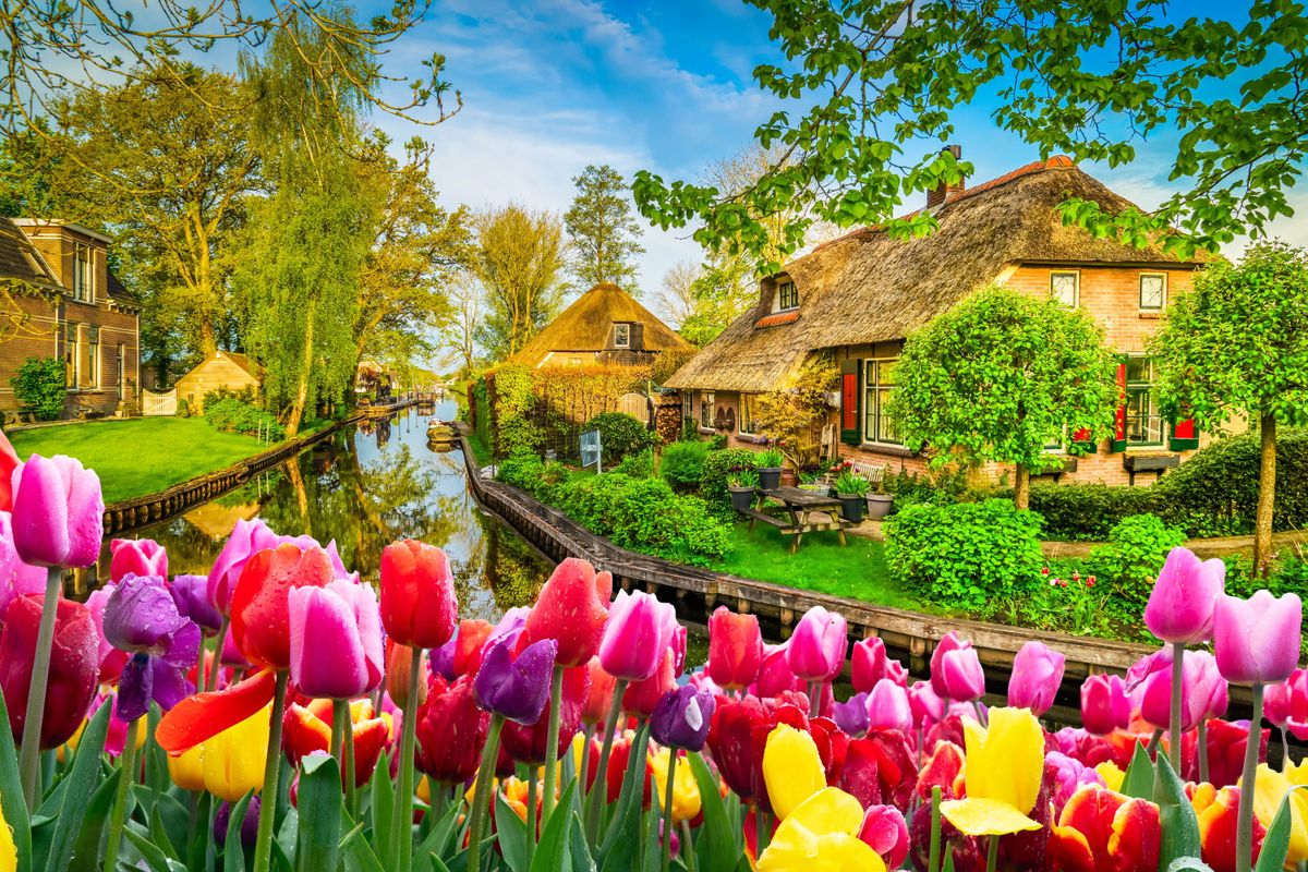 rural dutch traditional country small old town Giethoorn with canals, Netherlands at spring