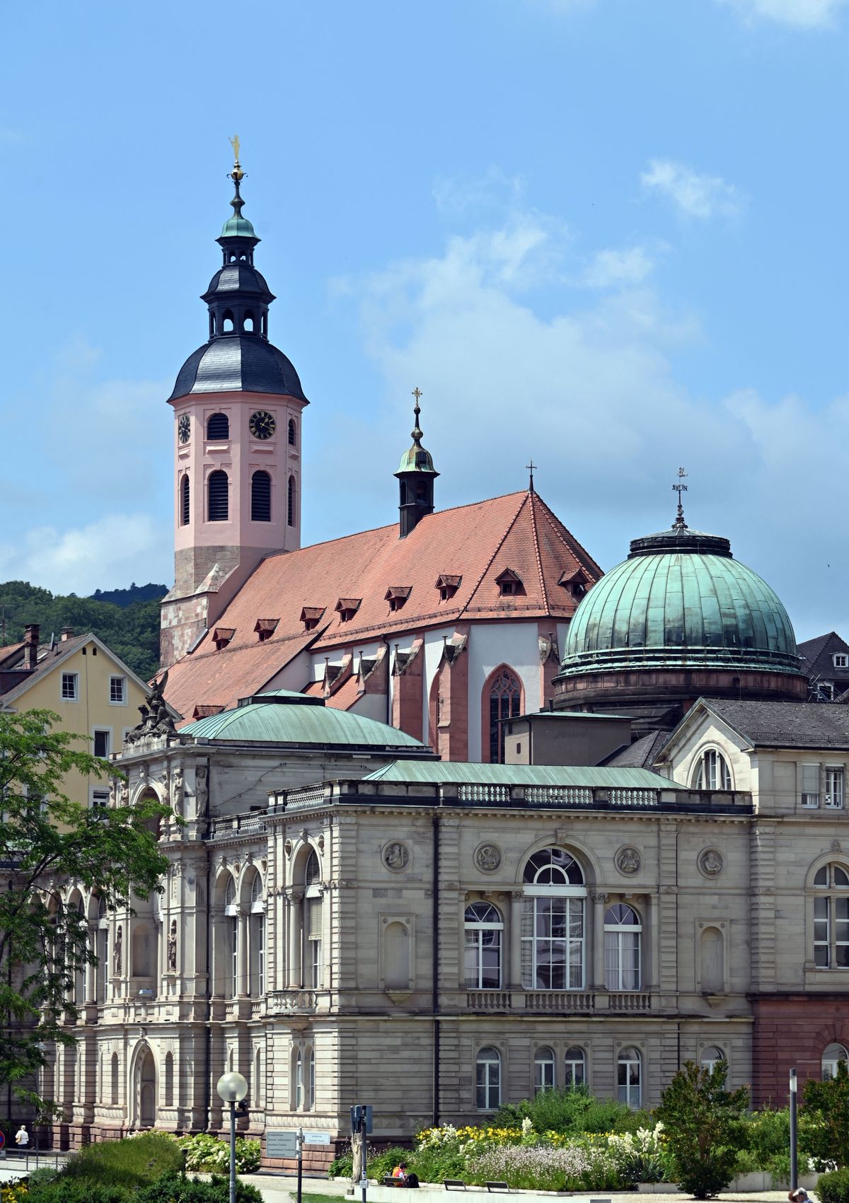 09 July 2021, Baden-Wuerttemberg, Baden-Baden: View of the Friedrichsbad Baden-Baden (in the foreground), in the background the Stiftskirche can be seen. From 16.07.2021 the 44th session of the Unesco World Heritage Committee will take place, at which the inclusion of cultural and natural sites in the World Heritage List will be discussed. The decision on Baden-Baden/"Great Spas of Europe" - the most important spa towns in Europe - will also be discussed. A decision is expected on 24.07.2021. Photo: Uli Deck/dpa (Photo by ULI DECK / dpa Picture-Alliance via AFP)