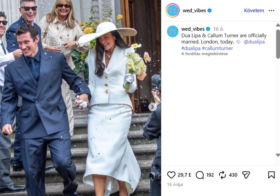 Dua Lipa menyasszonyi ruhája a régi Hollywood eleganciáját idézte
