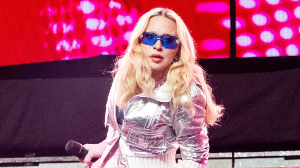 NEW YORK, NEW YORK - JUNE 04: Madonna performs during a surprise concert in Times Square on June 04, 2026 in New York City. (Photo by Santiago Felipe/GC Images)