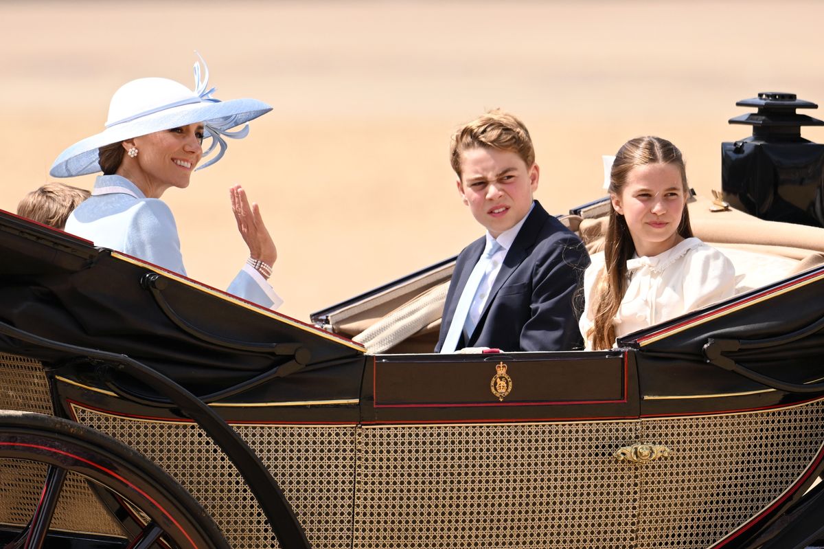 LONDON, ENGLAND - JUNE 13: (L-R) Princess Charlotte of Wales, Prince George of Wales, Catherine, Princess of Wales and Prince Louis of Wales during Trooping The Colour on June 13, 2026 in London, England. Trooping The Colour is a ceremonial parade celebrating the official birthday of the British Monarch. The event features over 1400 soldiers of the Household Division and King's Troop Royal Horse Artillery, including over 400 musicians from the Massed Bands. (Photo by Jeff Spicer/Getty Images)