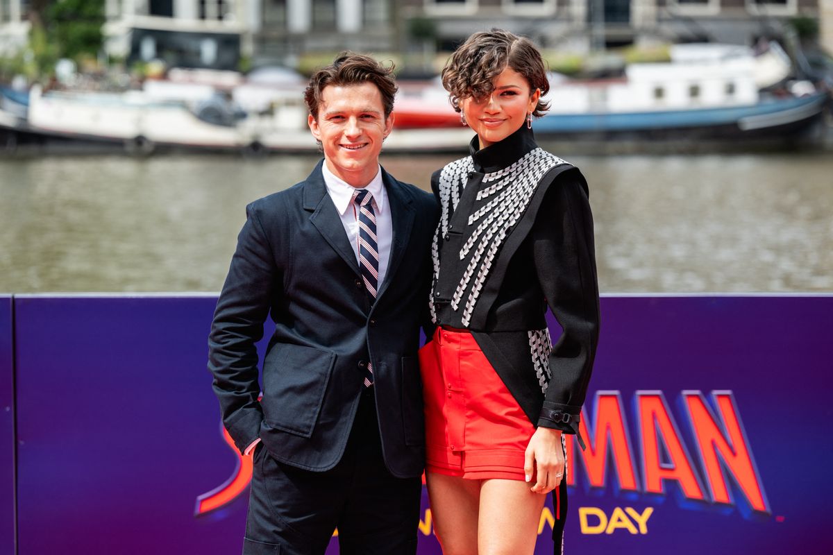 AMSTERDAM - Tom Holland and Zendaya pose during a photocall at Museum H'Art. The actors are in Amsterdam to promote the new film Spider-Man: Brand New Day. SIMON LENSKENS / ANP netherlands out - belgium out (Photo by Simon Lenskens / ANP MAG / ANP via AFP)